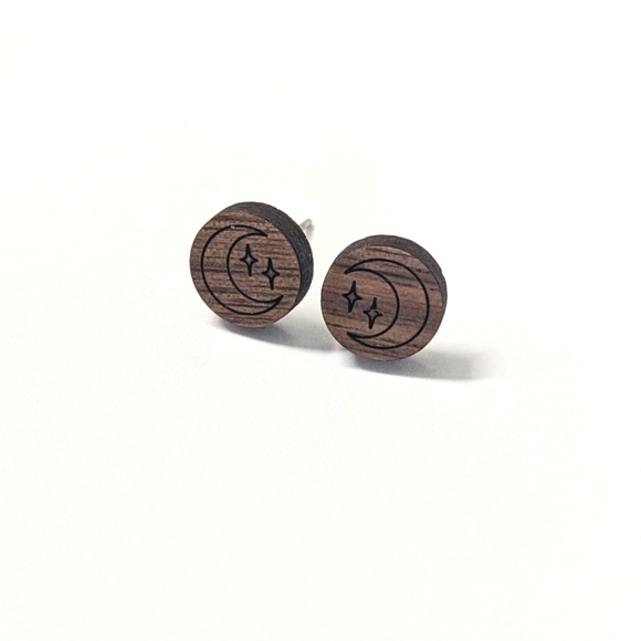 Cherry Wood Stud Earrings- Moon 🌘 - Picture 1 of 1